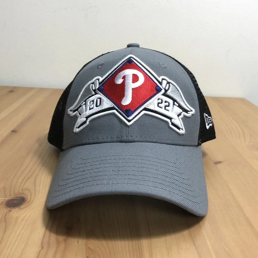 Philadelphia Phillies 2022 Postseason New Era 9FORTY Trucker Hat OSFM Gray Black
